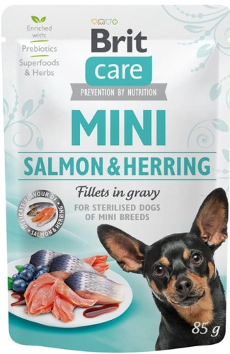 Brit Care Mini Pouch Sterlised, sterylizowanych psów ras małych i miniaturowych, łosoś i śledź 85 g