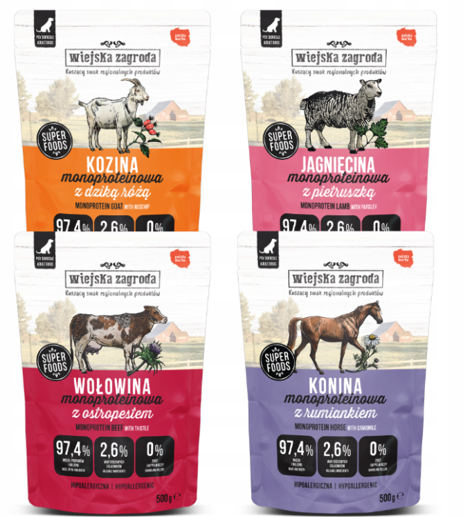 WIEJSKA ZAGRODA Monoproteinowa mokra karma dla psa MIX smaków 4 x 500 g