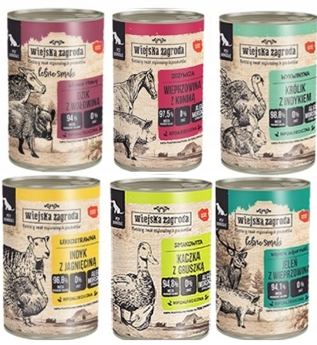WIEJSKA ZAGRODA MOKRA KARMA dla psa mix 6 smaków 6x 400g