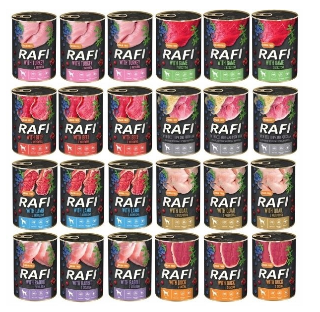 RAFI DOLINA NOTECI KARMA DLA PSA MIX 8 SMAKÓW PUSZKA 24X400 g